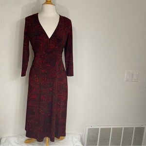 Inc. Women’s Red Brown Paisley V Neck Stretch Midi Dress Size Small Cottagecore